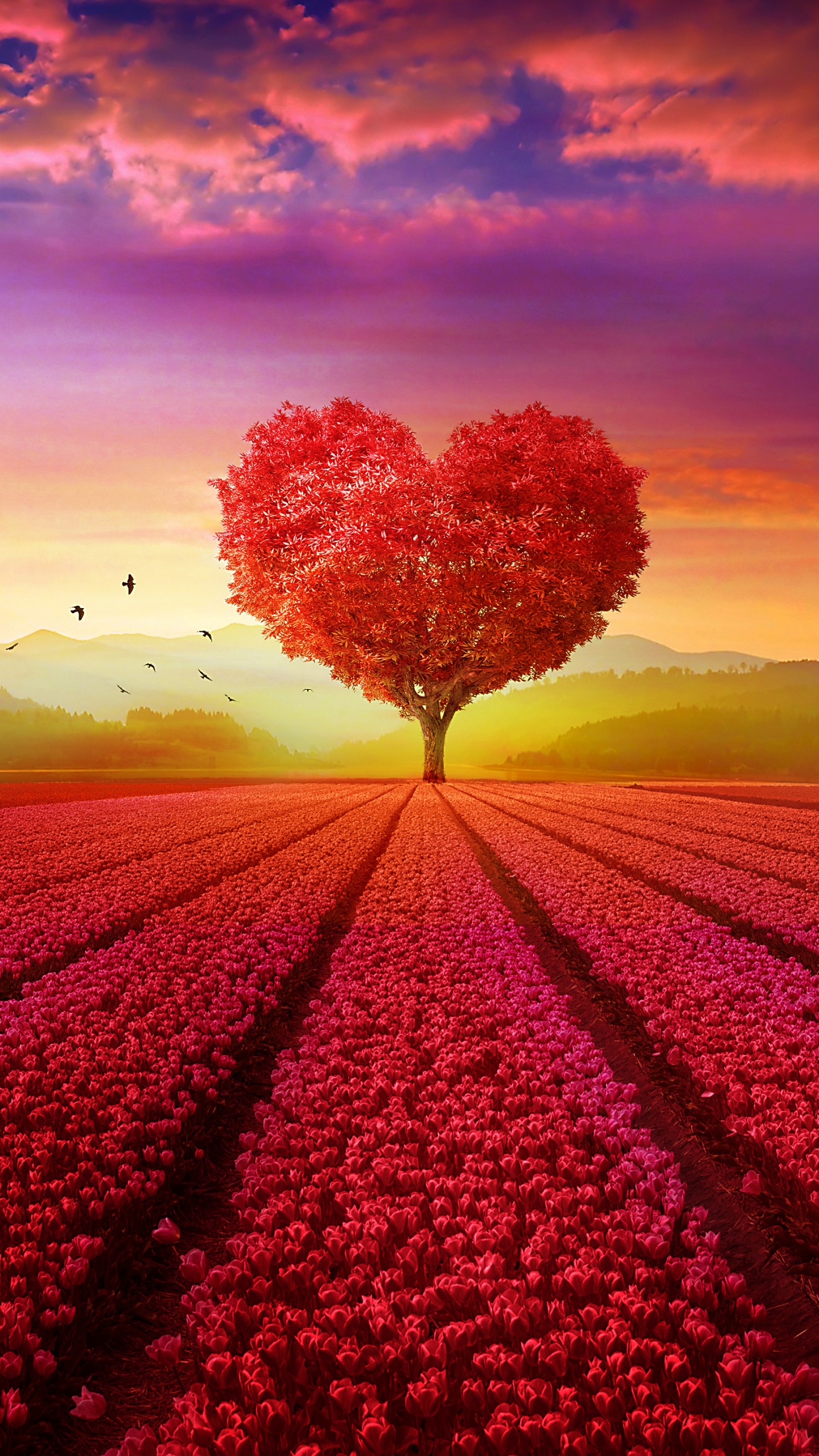 Heart tree Wallpaper 4K, Flower garden, Red flowers